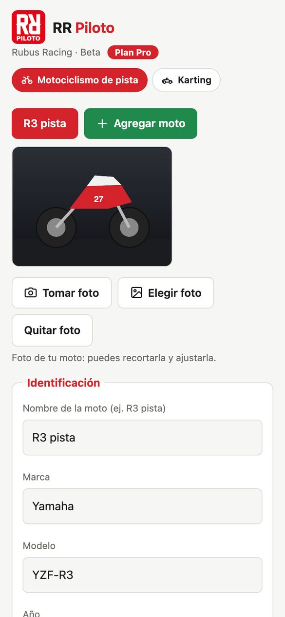 Ficha técnica de una moto con foto, marca y modelo